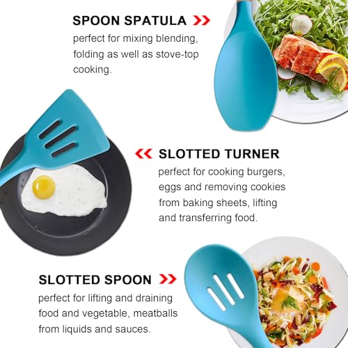 Kitchen Utensils Set 6-Piece Non-Stick Silicone Cooking Utensils Set, Wood Handle Heat Resistant Spatula Spoon Turner Ladle Pasta Server Cooking Kitchen Gadgets BPA Free for Nonstick Cookware - color: Light Blue, size: Standard 6-Piece Set