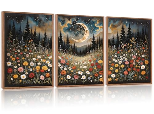 HPINUB Wildflower Moon Forest Framed Canvas Wall Art Set,Nature Pine Tree Wall Decor,Mystical Starry Night Artwork Rustic Mountain Landscape Art Print For Living Room,Bedroom(Set of 3,12X16 Inch) - color: Mystical Starry Night Wall Art