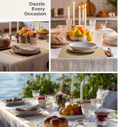 Leetaltree Woven Vinyl Placemats Set of 4, Gold Sequin | Waterproof & Washable Dining Table Mats for Wedding, Anniversary, Daily Use, Hand-Cut, Easy to Clean - color: 00- Gold Sequin, size: Set of 4