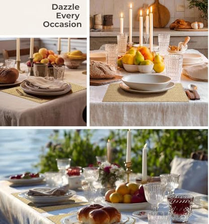 Leetaltree Woven Vinyl Placemats Set of 4, Gold Sequin | Waterproof & Washable Dining Table Mats for Wedding, Anniversary, Daily Use, Hand-Cut, Easy to Clean - color: 00- Gold Sequin, size: Set of 4