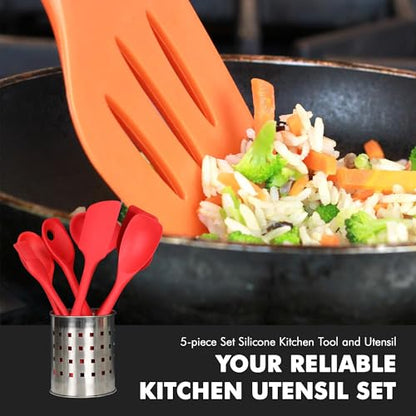Chef Craft 5 Piece Red Premium Silicone Kitchen Tool Set (42071) - color: Red, size: 5 Piece Set