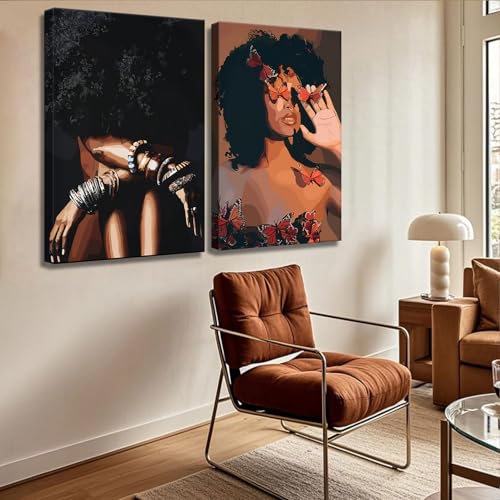 Framed Modern Abstract African American Women Wall Art (Set of 2), Canvas HD Print, Bohemian Black Girl with Energetic Butterfly Decor, Black Inspirational Contemplative Poster, Meditation Inspirational & Trendy Print, Living Room, Bedroom, Bathroom, Offi