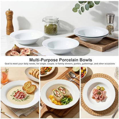 Soup and Pasta Bowls Set of 4, White Porcelain Wide Rim Salad Plates 27 oz Large Round Deep Plate 9 inch Ceramic Serving Bowl for Entree Dinner Noodle Kitchen Entertaining, Microwave & Dishwasher Safe - color: Round9.25"