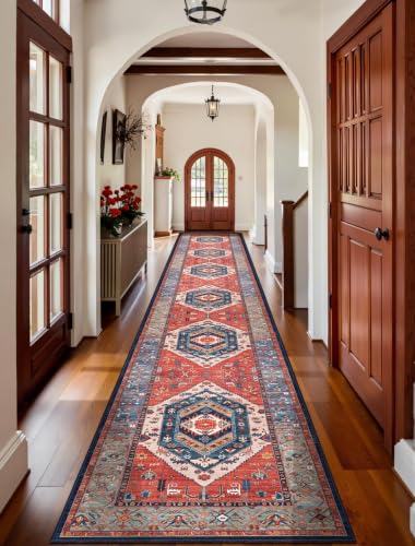 SERISSA 2'6"x16' Washable Non Slip Boho Runner Rug for Hallway，Rust | Ultra Soft Vintage Oriental Carpet Low-Pile Tribal Floor Carpet for Kitchen Bedroom Entryway Bathroom Laundry Room - color: Rust/Multi, size: 2'6" x 16' (Runner)