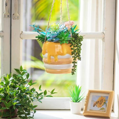 Bee Hanging Planter Gifts for Women: Ceramic Flower Pot with Drainage - color: Milky White & Beige-honey Jar