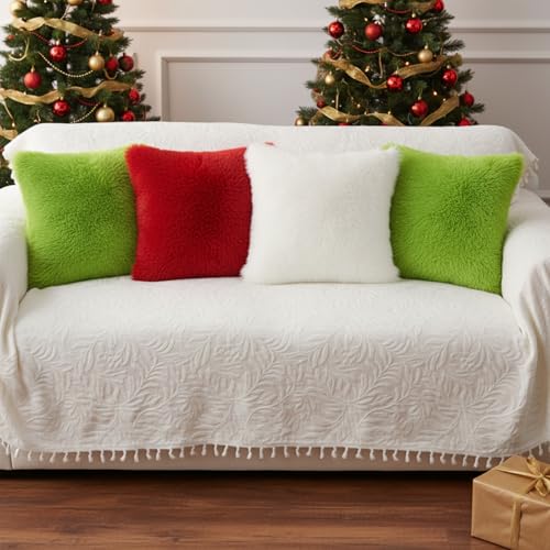 Tiamon 4 Pcs Christmas Throw Pillow Covers Plush Lime Green Red White Pillow Cases 16 x 16 Inch Soft Fluffy Faux Fur Cushion Covers for Winter Holiday Sofa Couch Car Bedroom Decorations - style: Pure