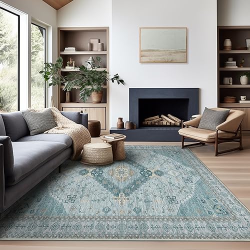 Ashler Vintage 4x6 Boho Rug for Living Room, Bedroom, Kitchen, Dinner - Light Cyan/Blue Home Decor, Non-Slip & Machine Washable Carpet Decoration - color: A-light Cyan/Blue, size: 4' x 6' (Rectangular)