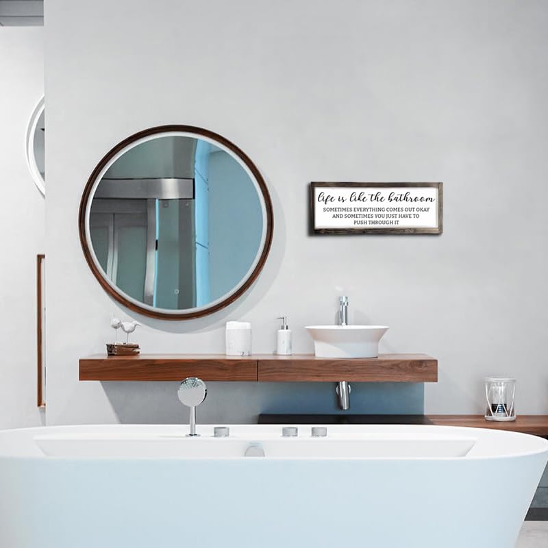 Dazingart Farmhouse Bathroom Sign, Life Is Like The Bathroom, Rustic Wooden Bathroom Decor, 6.4 x 16.6 Inches - color: bathroom