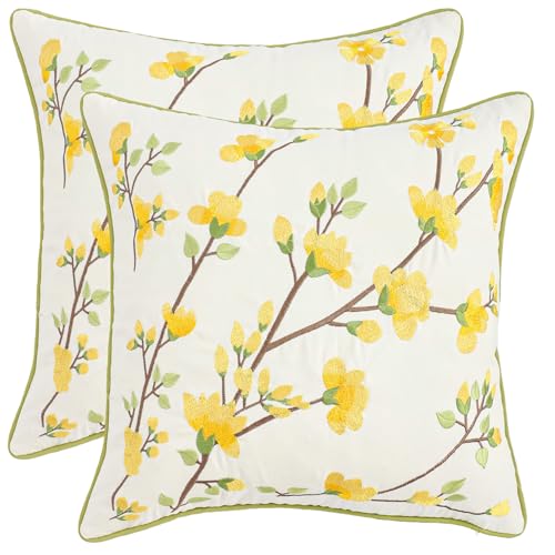 LUOYEHK Embroidered Throw Pillow Covers 18x18 Inch Set of 2 Yellow Retro Flowers Decorative Pillow Covers Spring Summer Flora Pillowcase Cushion Cover for Couch Sofa Bed Home Decor - color: Yellow Flowers