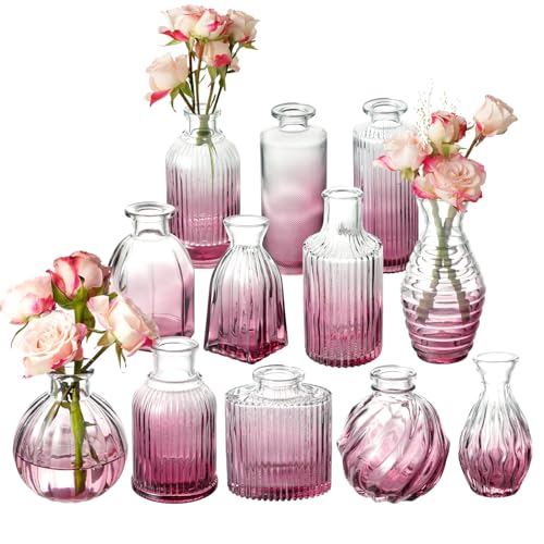 Bud Vases Set of 12, Small Purple Vase Glass Vases for Flowers Vintage Ribbed Colored Wedding Flower Vase for Decor in Bulk Decor Bridal Shower Centerpieces Home Table Decoration - color: Gradient Plum, size: 1 Pack