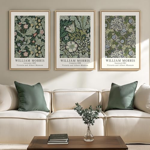 Framed William Morris Green Canvas Wall Art Set of 3, Large Vintage Floral Artwork Prints, Boho Farmhouse Botanical Picture Prints for Living Room, Bedroom, Hallway, Office, Total Size 30x60 - color: Green, size: 20"W x 30" H x 3Pcs