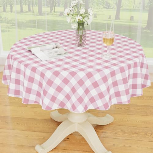 Smiry Plastic Table Cloth, Waterproof Vinyl Tablecloth with Flannel Backing, Wipeable Buffalo Plaid Table Cover for Picnic, Indoor and Outdoor (Pink & White, 60" Round) - color: Pink & White, size: 60" (Round)