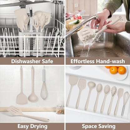 TeamFar Silicone Cooking Utensils Set, 8 PCS Kitchen Utensils Set, Khaki | 446°F Heat Resistant Turner, Spatula, Spoon, Whisk, Kitchen Cooking Gadgets Tools, for Nonstick Cookware, Dishwasher Safe - color: Khaki