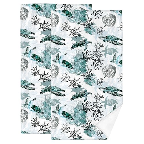 Sea Turtle Corals Coastal Hand Towels for Bathroom 14x28 Inch, Green Teal Nautical Bath Towels Decorative Set of 2 for Farmhouse Gym Kitchen Hotel Holiday Summer Beach Bathroom Home Decorations - color: Sea Turtle