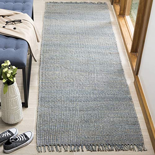 SAFAVIEH Natural Fiber Collection Runner Rug - 2'6" x 8', Blue, Handmade Boho Fringe Woven Jute, Ideal for High Traffic Areas in Living Room, Bedroom (NF368E) - color: Blue, size: 2'6" x 8' (Runner)
