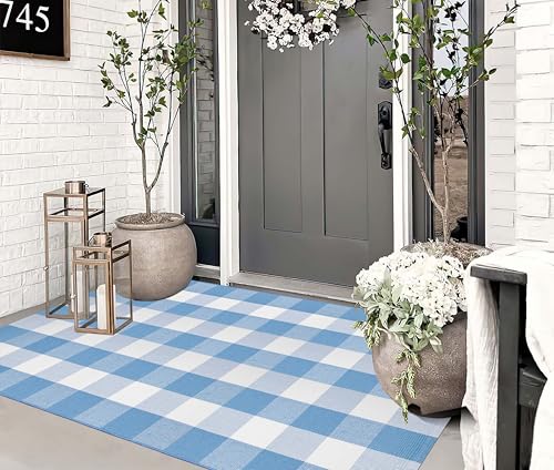 Washable 3'x5'Outdoor Rug, Light Blue White Buffalo Plaid Front Door Mat | Hand-Woven Cotton Front Porch Rug Farmhouse Area Rug for Front Entryway Decor - color: Light Blue, size: 35.4'' x 59''