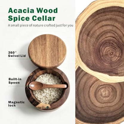 ThougrLyh Salt Cellar, Acacia Wood Salt Containers with Lid for Countertop | Built-in Spoon, Magnetic Swivel Lid, Luminous Engraved SALT Label Holder, 6oz Kitchen Salt Box for Sea Salt, Pepper & Spices - color: salt cellar