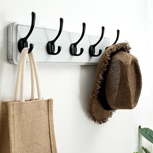 SKOLOO Rustic Wall Mounted Coat Rack, Pine Solid Wood Coat Hook Hanger - 5 Hooks for Hanging Clothes Robes Towels Coats - color: White Plate & Black Hook, size: 1 Item-5 Hooks