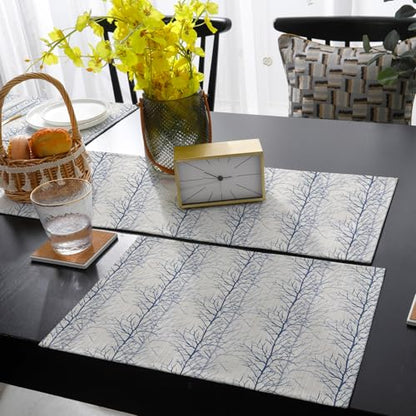 Table Runner and Placemats Set of 6 Tree Branch Decorative Dining Table Runner with Matching Placemats Plant Blue Table Decor for Kitchen Dining Room and Everyday Use 13x90in - size: 13"x90"+6pcs