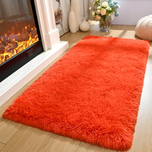 Fluffy Rug Shaggy Area Rug, Orange Red 2x4 Small Rugs for Fireplace Holiday Dearations, Mini Fuzzy Plush Kids Bedside Rug, Soft Non-Slip Entryway Throw Rugs Shag Catpet for Living Room - color: Orange Red, size: 2' x 4' (Rectangular)