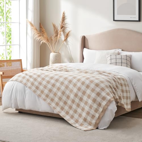 Snuggle Sac Queen Size Checkered Bedding Blanket Beige, Super Soft Warm Cozy Bed Blankets Oversized Fuzzy Plush Blankets for Bed, Bedroom, Plaid Beige, 90x90 inches - color: Plaid Beige, size: Queen(90"x 90")