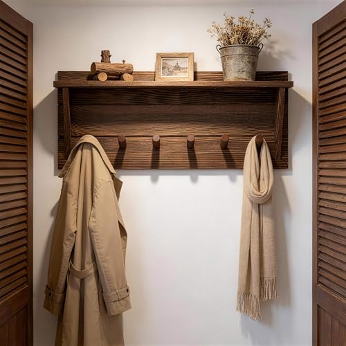WEBI Coat Rack Wall Mount with Shelf,24" Long Entryway Wall Shelf with Hooks Underneath,6 Peg Hooks for Hanging Coats,Caps,Jacket,Clothes,Brown - color: Brown, size: 24 Inch