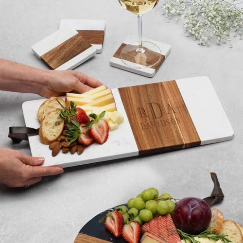 HomeWetBar Personalized Acacia Charcuterie Board | Custom 15" x 7" White Marble & Acacia Wood Cheese Board | Perfect Housewarming + Wedding + Couples Gift Idea - style: Winslow White Marble Board
