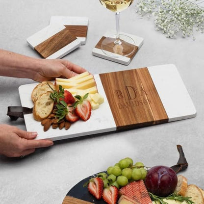 HomeWetBar Personalized Acacia Charcuterie Board | Custom 15" x 7" White Marble & Acacia Wood Cheese Board | Perfect Housewarming + Wedding + Couples Gift Idea - style: Winslow White Marble Board