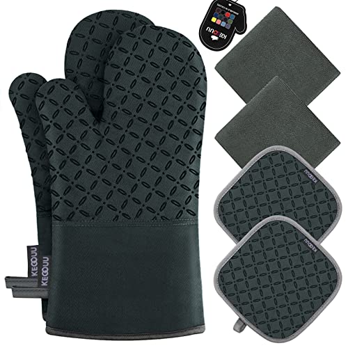 KEGOUU Oven Mitts and Pot Holders 6pcs Set, Kitchen Oven Glove High Heat Resistant 500 Degree Extra Long Oven Mitts and Potholder with Non-Slip Silicone Surface for Cooking (Deep Green) - color: Deep Green