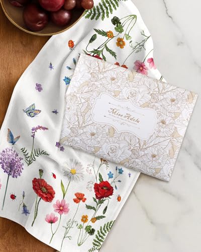 2pcs Cotton Waffle Kitchen Towels, Wildflower | Waffle Weave, Terry Cloth, Pure Cotton, Sustainable, 16"x26", Highly Absorbent, with Hanging Loop, Giftable Package - color: Wildflower