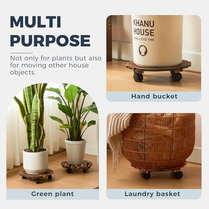 Bamworld Plant Stand with Wheels Plant Caddy Outdoor 4 Pack 12in Rolling Planter Caddy with Swiveling and Lockable Caster for Indoor Patio Plant Dolly Wood Wheeled Mobile Roller - size: 12inch-Round-4 pack