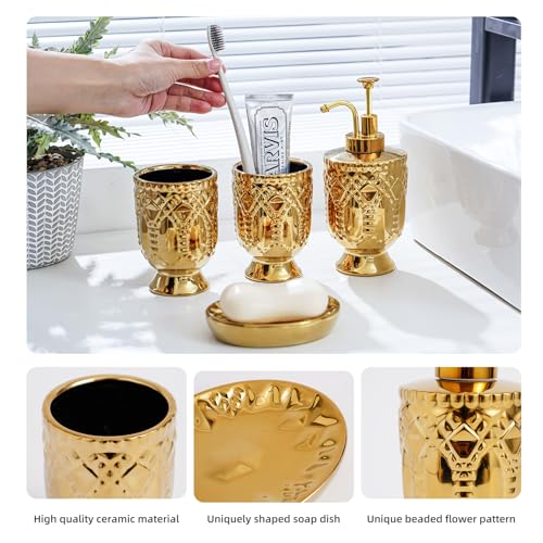 4-Piece Bathroom Accessory Set, Ceramic Bathroom Soap Dispenser Sets, Complete Gold Bath Decor Include Soap Dispenser, Toothbrush Holder, Tumblers,Soap Dish