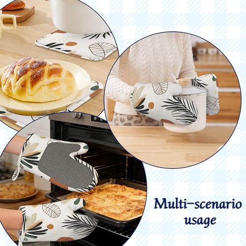 Boho Palm Leaf Potholders & Oven Mitts Sets Abstract Geometric Silicone Heat Resistant Oven Mits and Hot Pads Non-Slip Pot Holders Gloves for Kitchen Chef Cooking Baking Grilling BBQ - color: Boho Palm Leaf,abstract Geometric