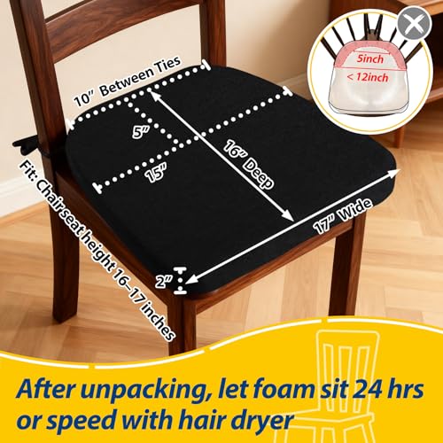 AAAAAcessories D-Shaped Chair Cushions, 2" Thick Dining Chair Pads with Ties and Removable, Machine-Washable Cover, 17" x 16", Set of 4, Black - color: Black, size: 4 Count(Pack of 1)