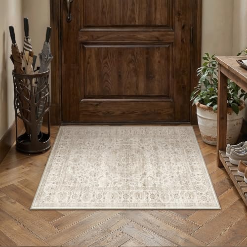 2x3 Washable Entryway Rug Beige Vintage Floral Farmhouse Style | Non Slip, Ultra-Thin, Small Throw Rugs for Entry, Bathroom, Kitchen, Doormat, Indoor Entrance Home Decor - color: Vintage Beige, size: 2' x 3' (Rectangular)