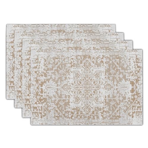 Gray Khaki Boho Placemats Set of 4 Ethnic Bohemian Carpet Place Mats Washable Kitchen Dining Vintage Grey Geography Floral Linen Table Mats Stain Heat-Resistant for Home Party Indoor 12x18 in - color: Khaki, size: 18x12 Inches
