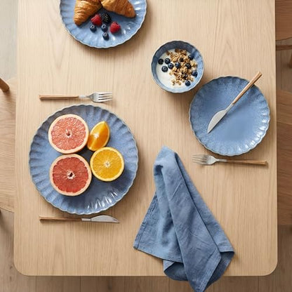 12 Pieces Stoneware Dinnerware Set, Microwave and Dishwasher Safe, for 4 | Scallop Frill Design, Chip Resistant, Ceramic, Includes Plates and Bowls - color: Blue, size: 12-Piece Set