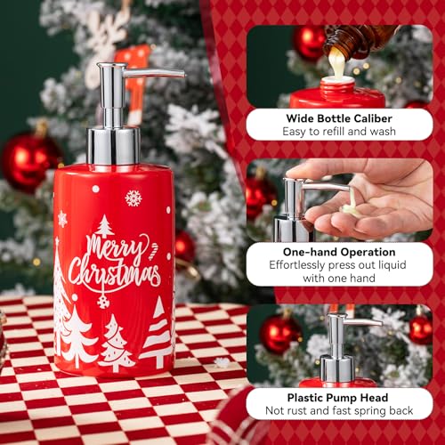 Christmas Bathroom Accessories Set, 4-Piece Ceramic Bathroom Accessory Set Include Lotion Dispenser, Toothbrush Holder Tumbler, and Soap Dish (Red) - color: Red