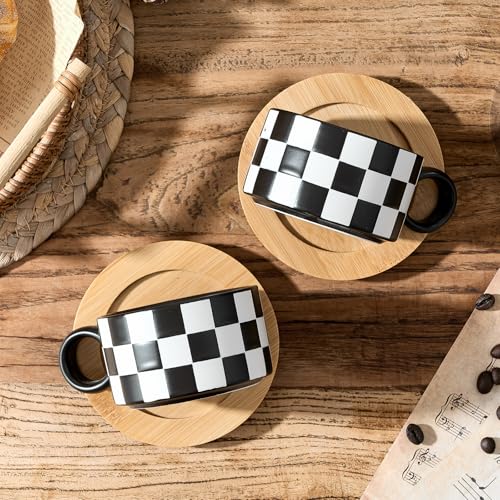 LUKA 6 Ounce Ceramic Stackable Black and White Checkered Espresso Cups with Saucers and Metal Stand Set of 4, Cappuccino Cups Set for Coffee Drinks, Latte, Cafe Mocha and Tea, Black Interior - color: 4BKG-Black & White