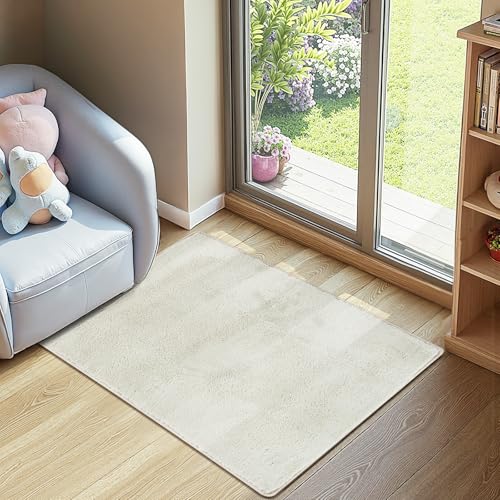 jinchan 2x3 Solid Plush Area Rug Shaggy Washable Entryway Rug, Ivory | Soft, Cozy, Non-Slip, Modern, Faux Wool, Performance Rug, Floor Carpet, Doormat, Kids Room, Laundry Room, Bathroom, Kitchen - color: Solid Ivory, size: 2' x 3' (Rectangular)