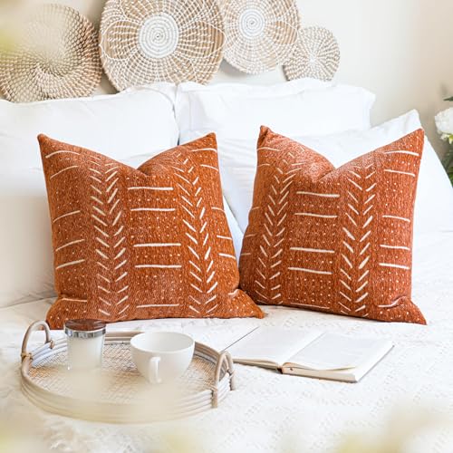 Decorative Throw Pillow Covers 20X20 Set of 2, Brick Red Boho Farmhouse Cushion Cover, Cozy Soft Accent Pillowcase for Couch Sofa Bed Living Room Home Décor - color: Brick Red, size: 20" x 20" (Pack of 2)
