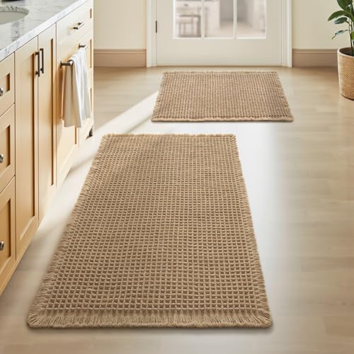 Upgraded Waffle Bath Mat Set of 2, Super Absorbent Non Slip Bath Mats for Bathroom Floor, Machine Washable Boho Bathroom Rugs Set 2 Piece with Tassels, Soft Bathroom Mat Set, 17" x 24" +20" x 32" - color: Brown, size: 17" x 24" + 20" x 32"