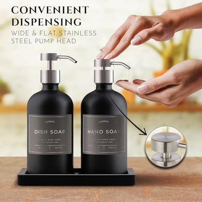 Glass Soap Dispenser Set of 2 (Black) with Silicone Tray | Hand and Dish Soap Dispenser for Kitchen and Bathroom | 16.8 Oz Glass Bottles with Stainless Steel Pump & 15 Waterproof Labels (Black/Silver) - color: Black/Silver