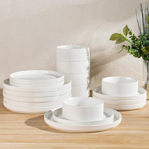 Ceramic Dinnerware Set for 4, 18-Piece Plates and Bowls Set | Lightweight Porcelain Dish Set, Scratch Resistant, Oven & Microwave & Dishwasher Safe, Bright White - color: Bright White, size: Set (18pcs)
