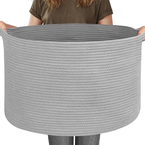 115L Super Large Gray Blanket Basket, 23.6"x15.7" Woven Cotton Rope Storage Basket for Laundry, Towel, Pillow, Oversized Kids Dog Toy Storage Bin, Grey XXXL Blanket Holder for Living Room - color: Gray, size: 23.6"x23.6"x15.7"