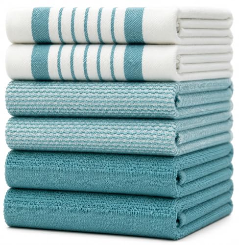 Premium Kitchen Towels 6 Pack 100% Cotton, 20"x28" Dish Towels - Aqua | Large Flat & Terry Kitchen Linen Set with Hanging Loops, Highly Absorbent for Washing and Drying Dishes - color: Aqua Striped, size: Kitchen Towels - Mixed Styles