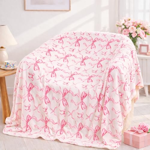 Pink Bow Twin Blanket – 60x80 Inch Soft Fleece Blanket for Girls and Women, Coquette Aesthetic Room Decor for Bed, Couch, Chair, Preppy Bedroom or Gift, Cute Pink Bow Decor Blanket - color: Bow Pink, size: Twin(60"x80")