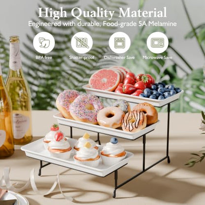 Bumusty 3-Tier Melamine Serving Tray Set, 11.5 x 5.6 in, Black Stand | Melamine Reusable Platters with Metal Display Stand for Cupcakes, Desserts, Fruit, Cookies, Parties, Birthdays and Holidays - color: Black, size: 11.8" x 5.7"