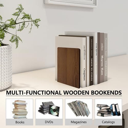 Brosisincorp Walnut Wood Book Ends for Shelves - Hand Polished Edges, Non-Skid Bookends for Heavy Duty Book Holders Office Desk Shelves Decorative Book Organizer, 6.69"H x 4.72"W x 3.94"L (2 Pairs) | 6.69"Hx4.72"Wx3.94"L, Heavy Duty Wooden Bookend with St