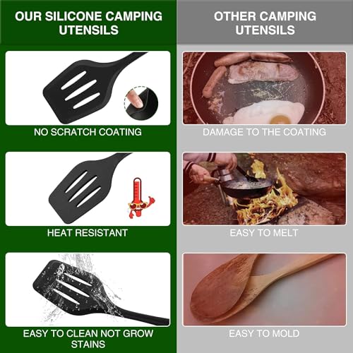 Camping Essentials Cookware Cooking Utensils Set - Portable Camp Kitchen Mess Kit Outdoor Accessories, Stainless Steel & Silicone, Camping Gear Equipment for RV Picnic Grill, Brown | Stainless Steel & Silicone Mess Kit, Durable Outdoor Kitchen Gear for Hi